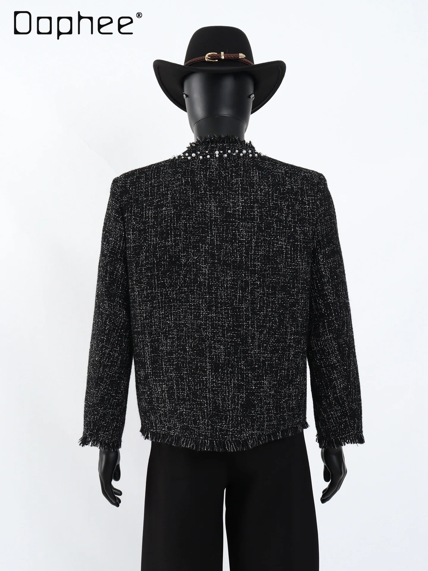 Deconstructed Woven Elegant Tweed Jacket for Men High-End Luxury Beaded Round Neck Single-Breasted Long Sleeve Loose Trendy Top