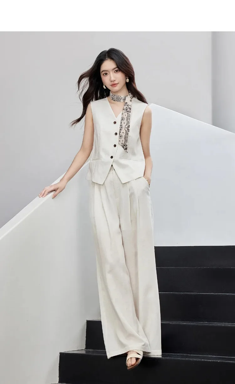 SENTUBILA Office 2 Piece Pant Set 2026 Women Linen Blend Summer Suit V Neck Waistcoat Wide Leg Baggy Pant Print Scarf 162ZA5663Z