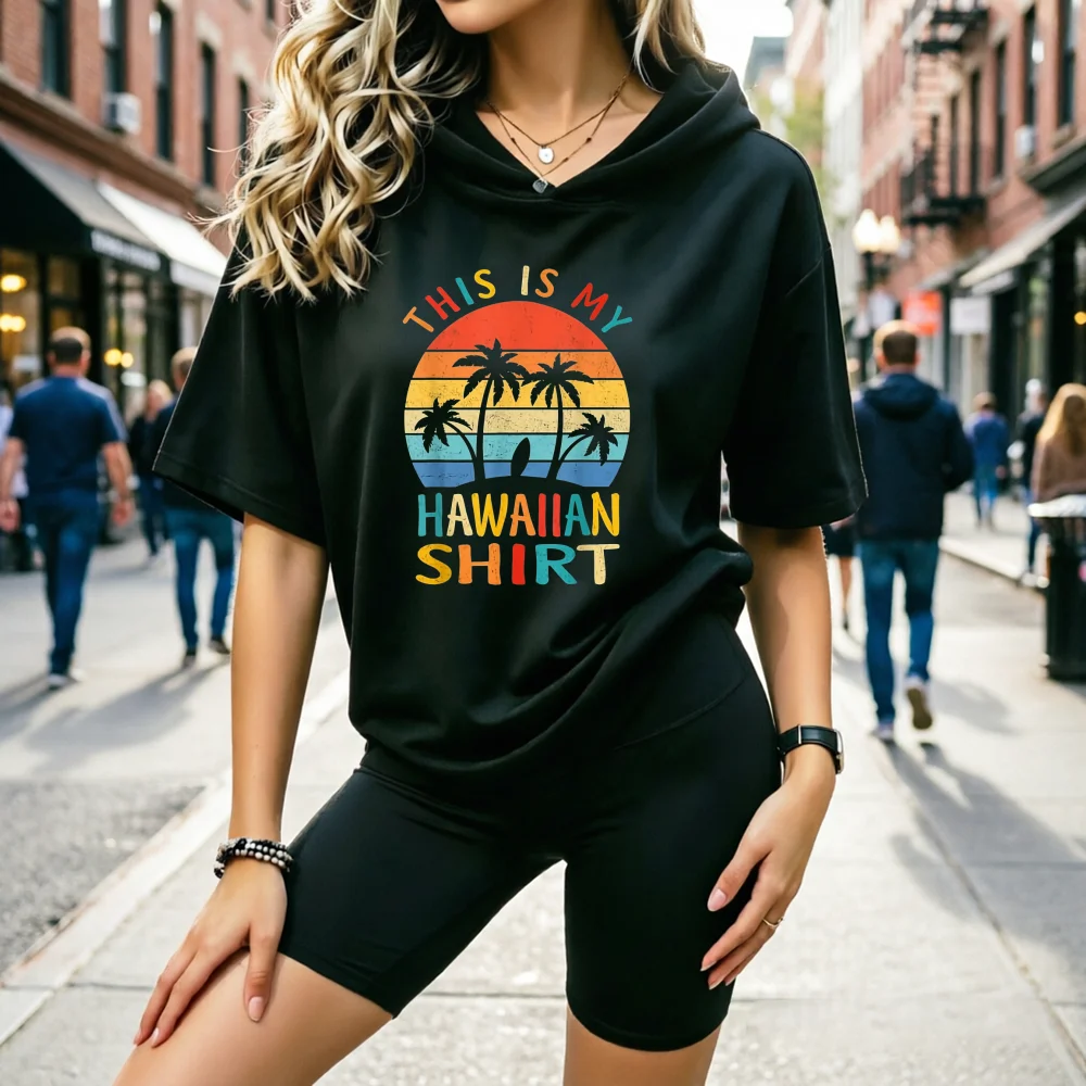 Retro Summer Island Palm Print Women A Half-Sleeved Hoodie And Yoga Pants set view 5