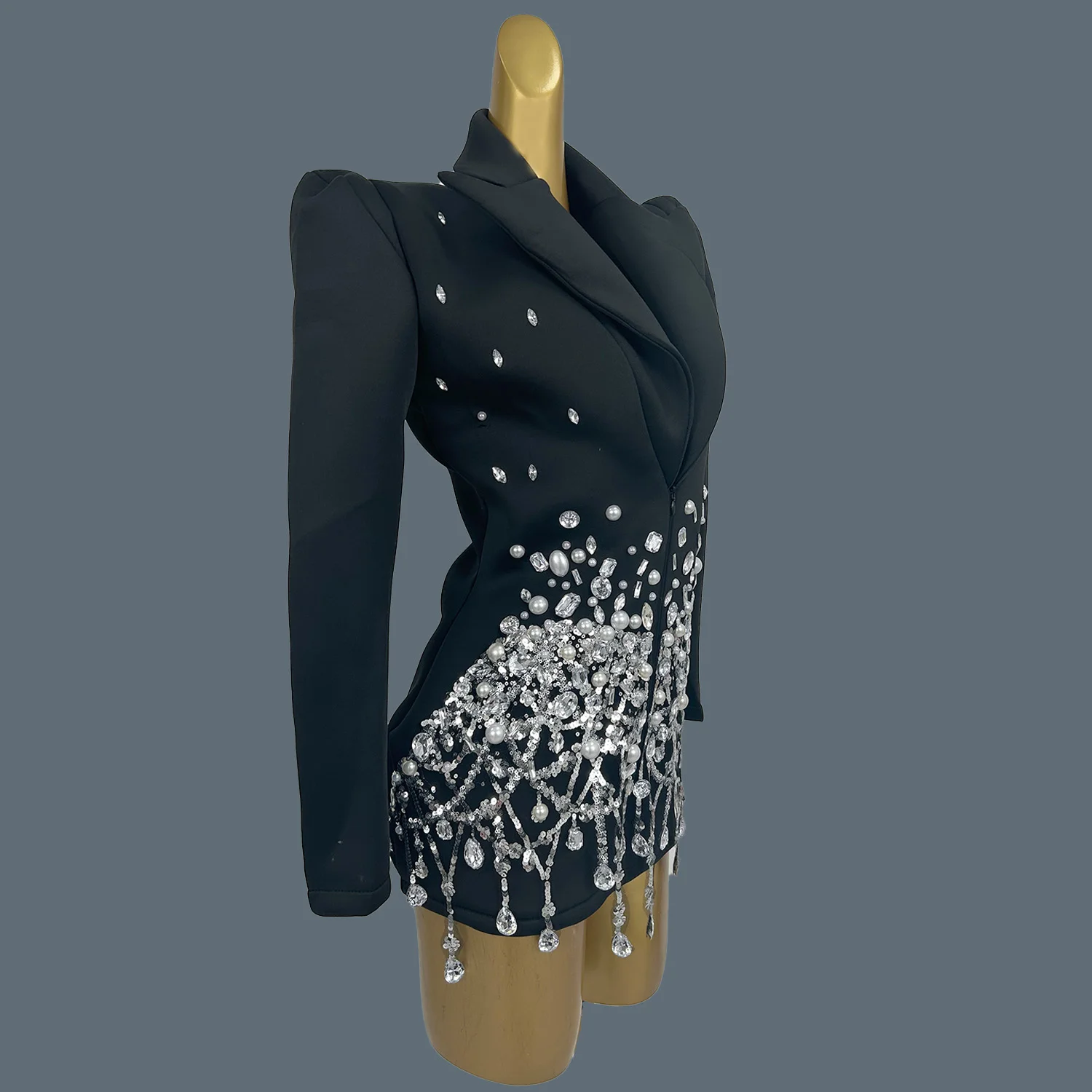 

Sparkly Rhinestone Crystals Chains Deep V-neck for Women Suit Nightclub Costumes Birthday Party Queen Mini Suit Dress Xizhuang