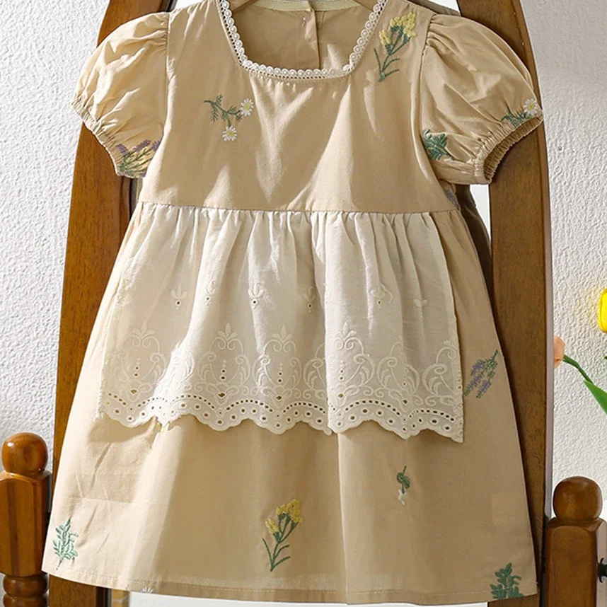 Girls Skirt 2025 Spring Summer New Childrens Clothing Girls Baby Sweet Flowers Embroidered Apron Short Sleeve Princess Skirt