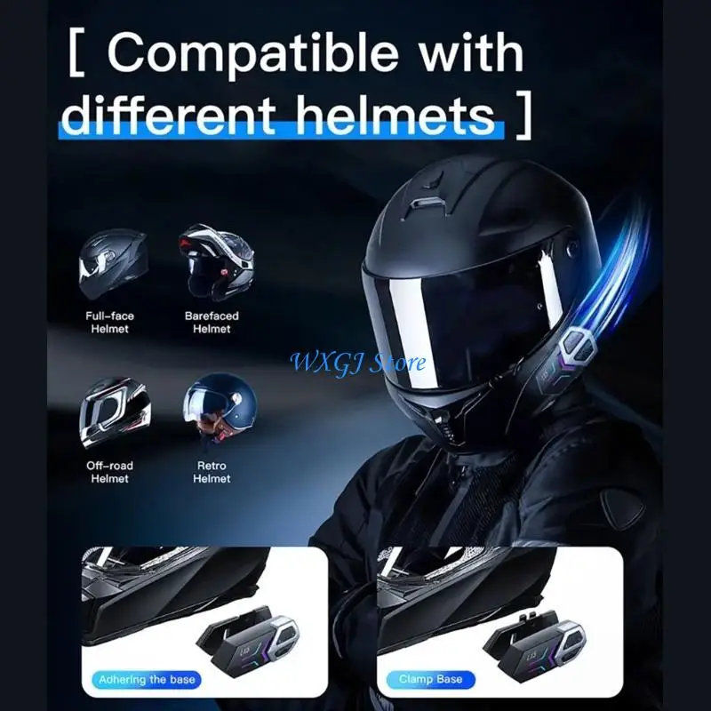 Interkom Helm Sepeda Motor Nirkabel 37JE untuk 10 Pengendara, Konektivitas 2000M, Teknologi Peredam Kebisingan, Tahan Air 2x