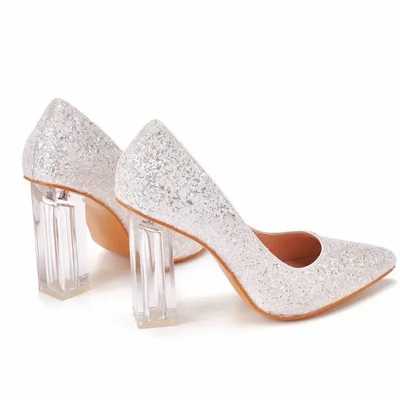 New Luxury Pumps Women Pointed Toe Bling Slip-On Sequined Cloth 9.5CM Square Heel Party Dress Korean Style Women Shoes White