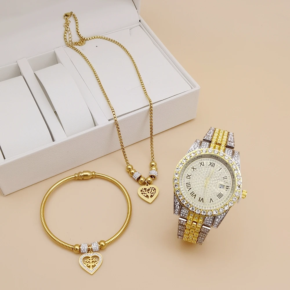 Reloj de cuarzo de lujo para mujer, conjunto de joyería de fiesta Icy, collar con colgante de corazón y amor de acero inoxidable, elegante