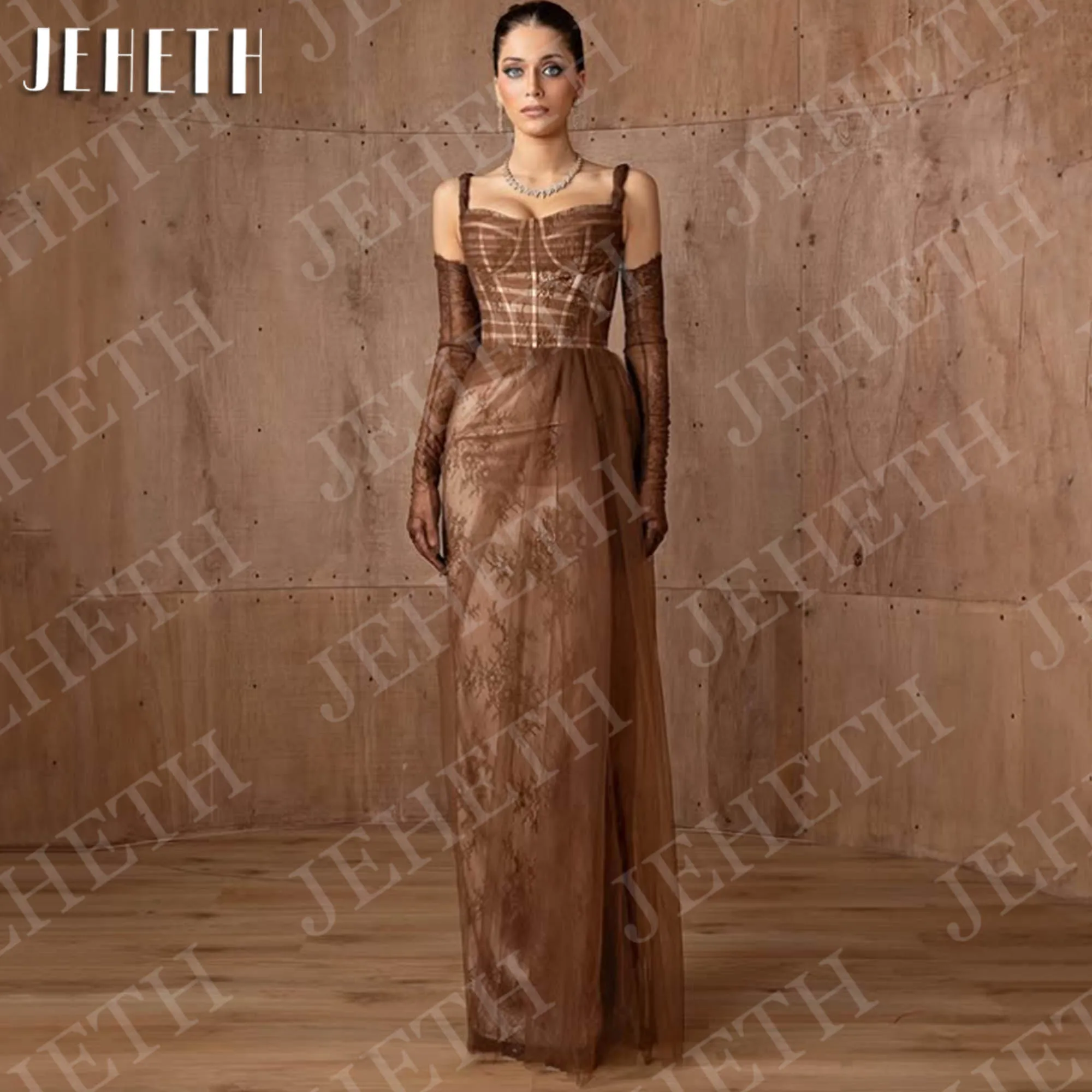 

JEHETH Vintage Elegant Evening Dresses Mermaid Lace Tulle Sweetheart Party Dress Brown Floor Length Customized فستان سهرة نسائي
