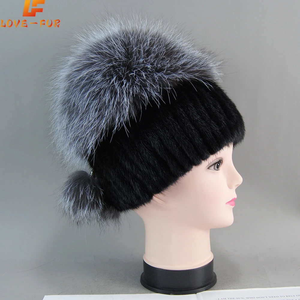 

New Arrival Fashion Fluffy Silver Fox Fur Hat Luxury Women Real Mink Fur Beanies Hats Lady Winter Warm Good Elastic Mink Fur Cap