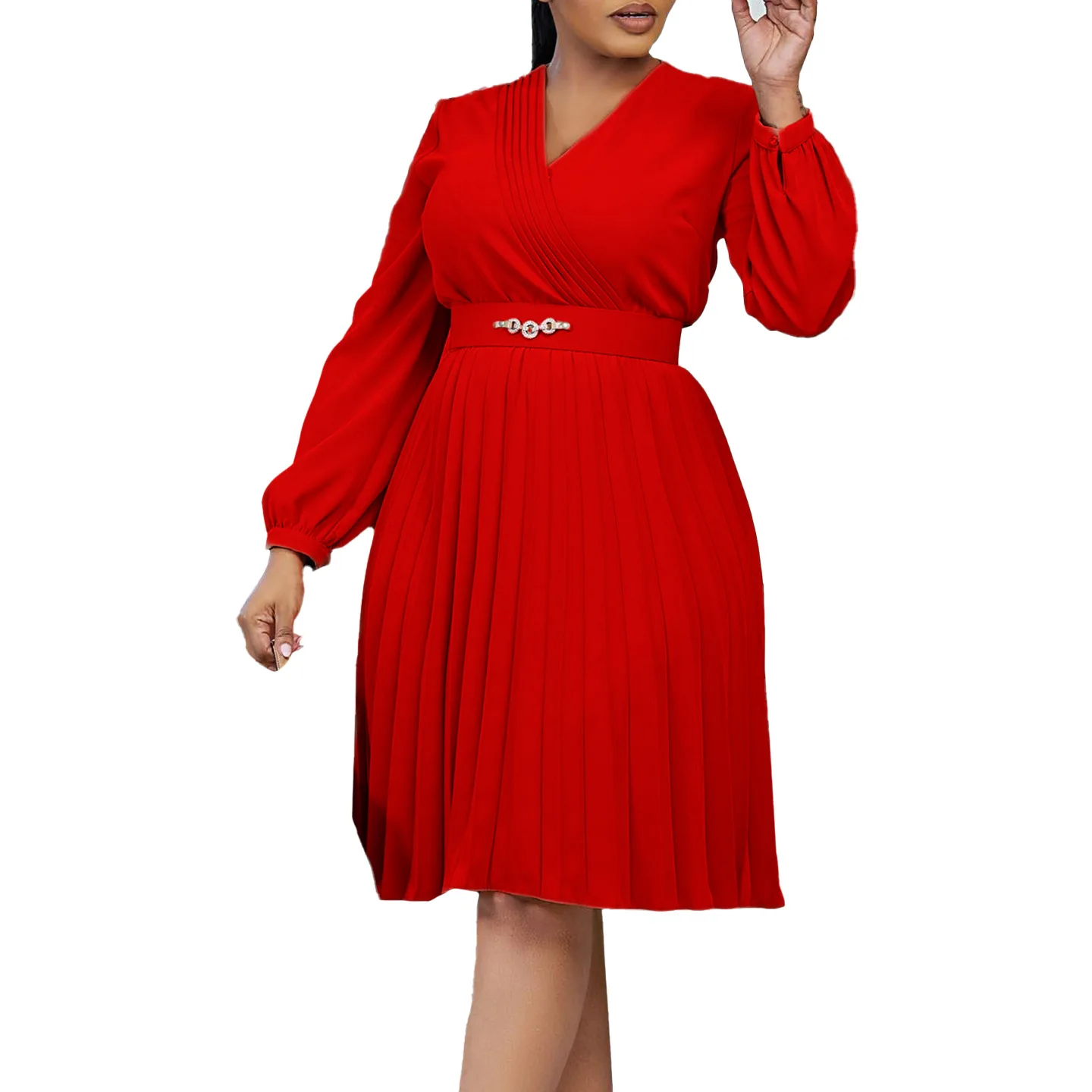 Polyester African Party Evening Dresses for Women Summer Fashion African Long Sleeve V-neck Pleat Dress Outfits Africa Clothing