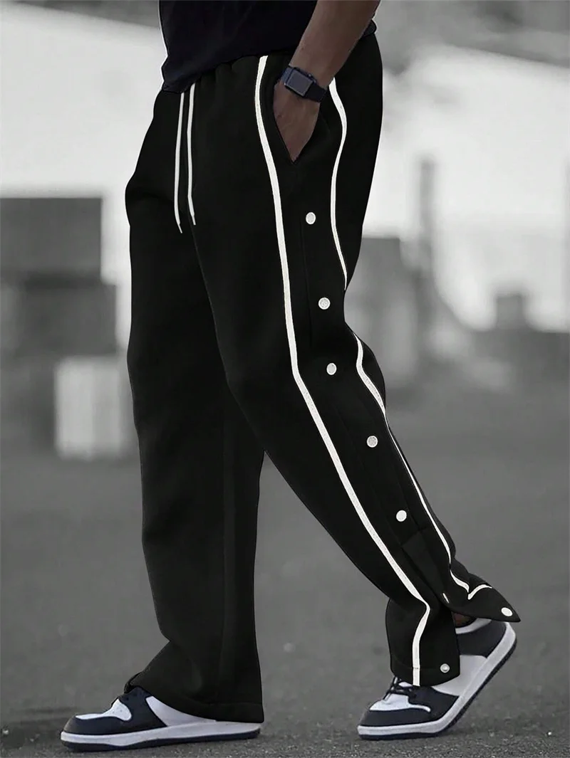 

2025 повседневная спортивная уличная одежда, мужские модные брюки для бега с боковыми пуговицами, весенне-осенние новые мужские прямые брюки, спортивные штаны на шнурке