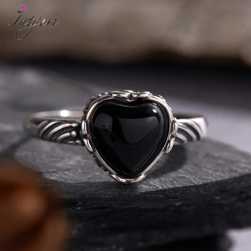 

S925 Sterling Silver Women's Ring with Natural Black Onyx Open Index Finger Rings Heart-shaped Silver 925 Vintage Ring for Women
