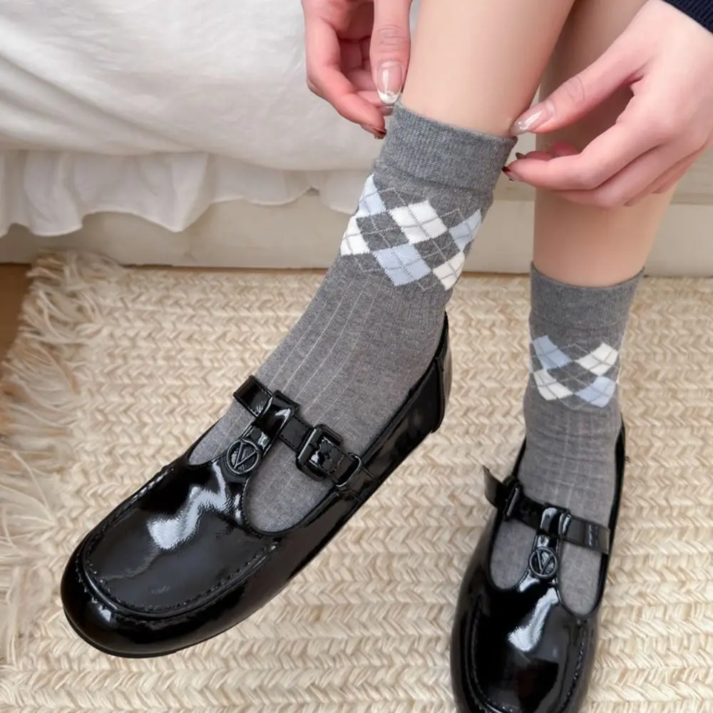New Korean Style Cotton Socks Small Flower Light Mid-calf Socks Grey Checkered Breathable Boneless Pile Socks Spring Summer