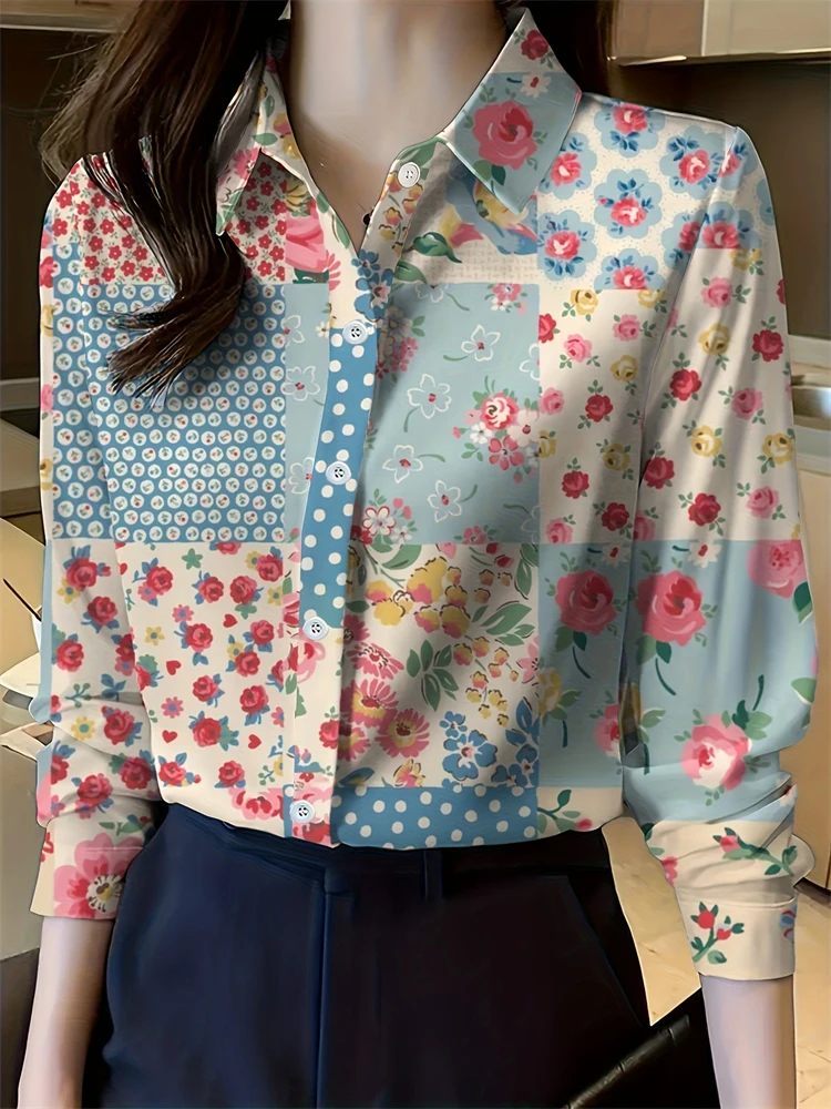 

2025 New Women's Plus Size Shirt Fashionable Floral Pattern Suitable For Everyday Commuting Women's Shirt With Lapel Design