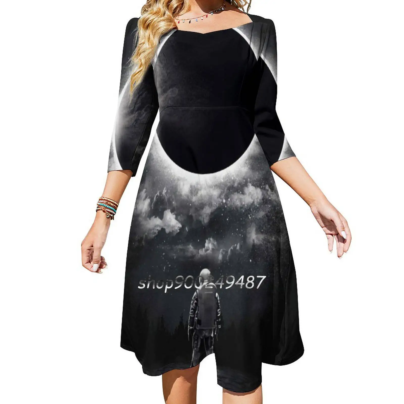 Sweetheart Knot Flared Dress Fashion Design Large Size Loose Dress Moon Sun Stars Cosmic Astronaut Clouds Space Solar Lunar Star