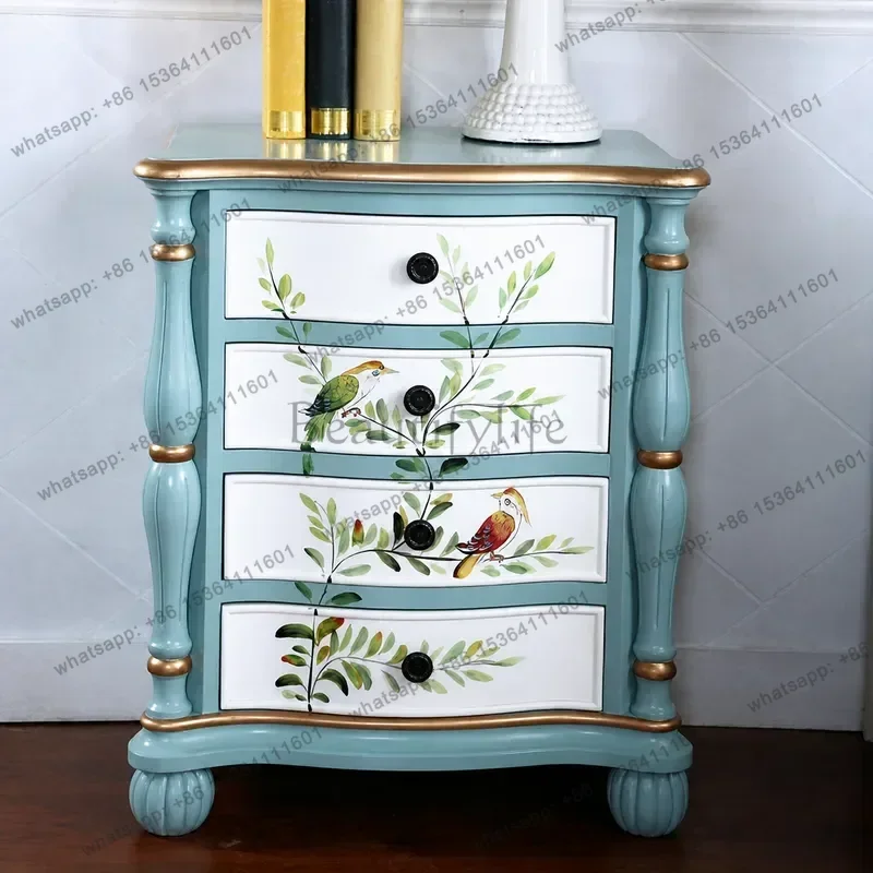 Factory Direct Blue Retro Painted Solid Wood Bedside Cabinet 4 Drawer Locker Mediterranean Style Nightstand Storage Furniture Wh