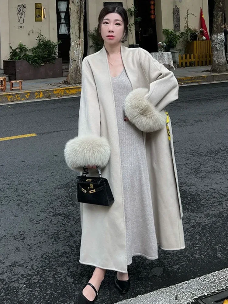 

2025 Vintage Wool Blend Coat With Belt Long Women's Elegant Warm Coat Women's Winter Clothes Fashion Outerwear Trench Coat