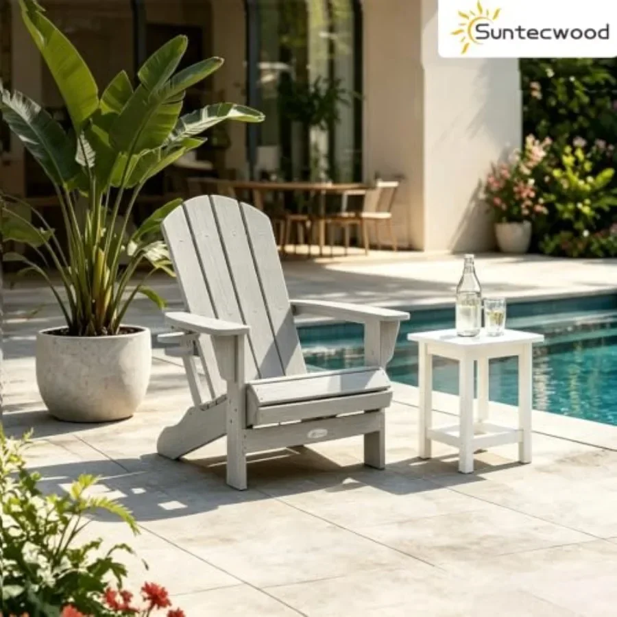 Foldable HDPE Adirondack Chair for Outdoor Patio Use, Gray Wood Grain Finish, Weather Resistant with Built-in Cup Holder