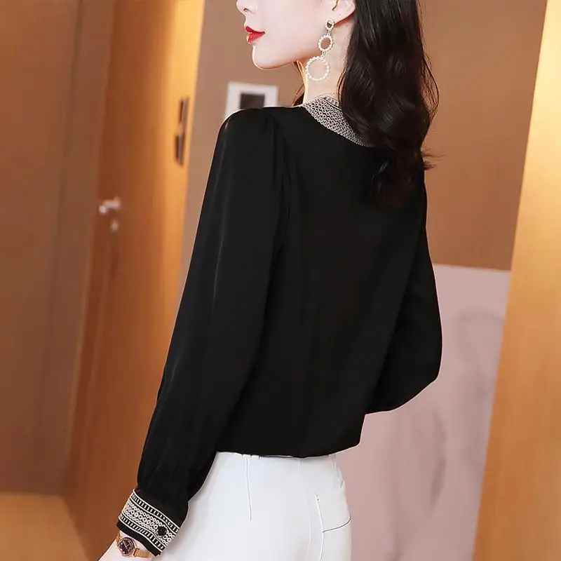 Spring New Temperament Patchwork Chiffon Shirt Tops Long Sleeve V Neck Solid Color Blouse Elegant Fashion Women Clothing