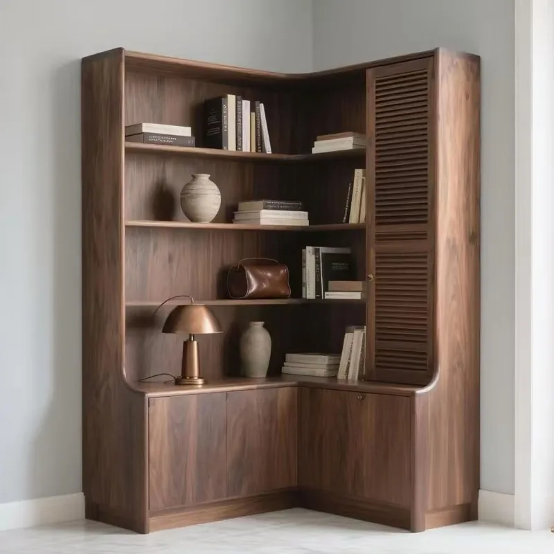New Chinese-style North American black walnut bookshelf, medieval wabi-sabi bookcase, solid wood storage display locker