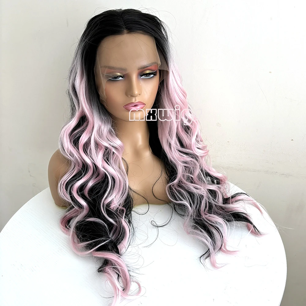 

MXWIG Ombre Pink Black Body Wave Synthetic 13X4 Lace Frontal Wigs Long Wig Glueless Soft Hair Heat Resistant Fiber Party