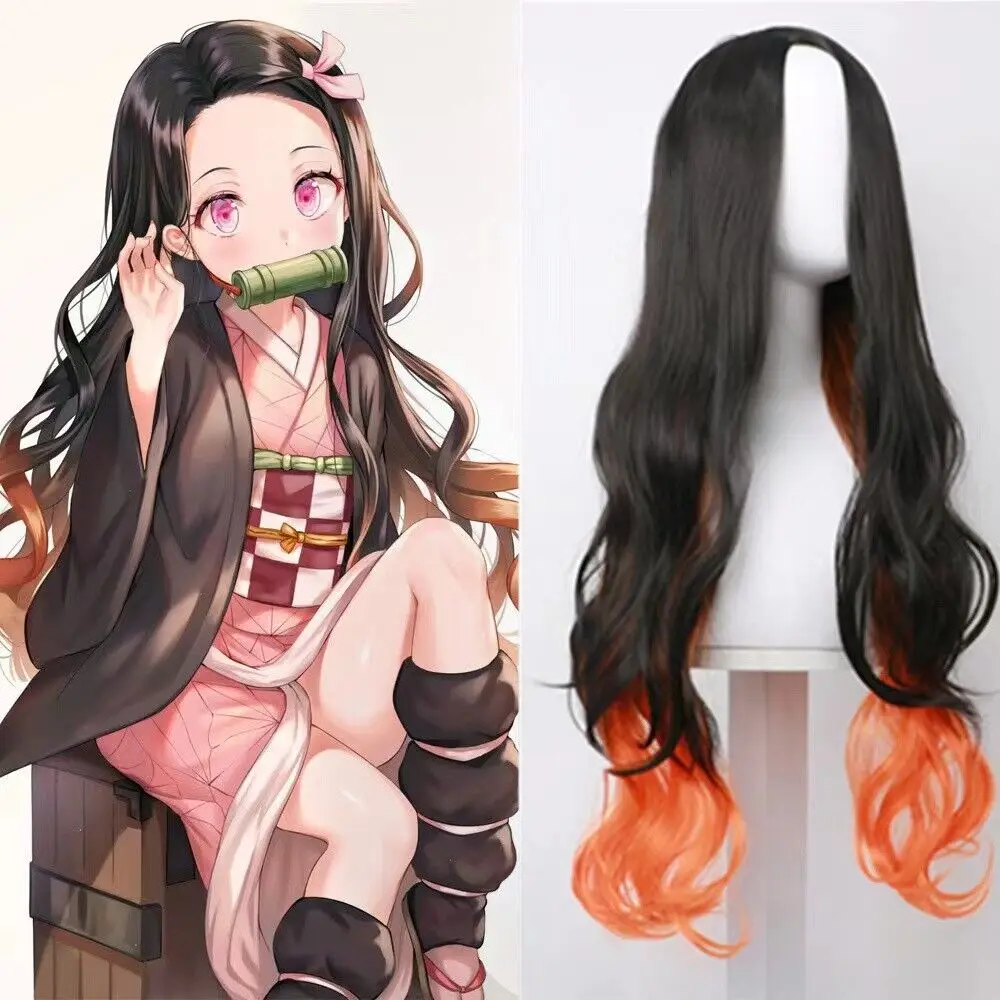 Kamado Nezuko Cosplay Wig Synthetic Long Curly Hair Demon Slayer Anime Wigs