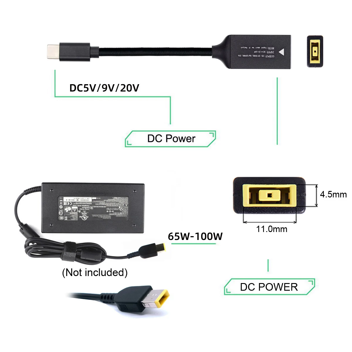 Cablec PD9V kabel pengisi daya colokan daya tipe-c, Input ke USB-C, Jack persegi panjang 15V 20V untuk ponsel Laptop