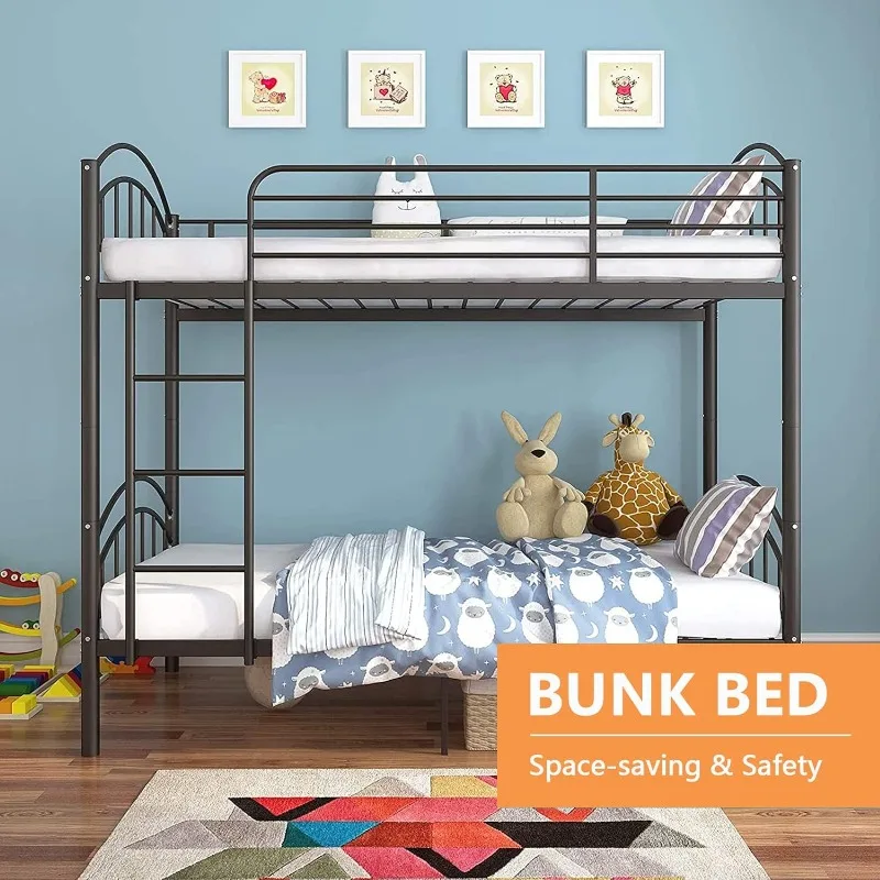 Bunk Beds Frame Twin Over Twin, Convertible Into 2 Individual Metal, Removable Ladder & Safety Guard Rail