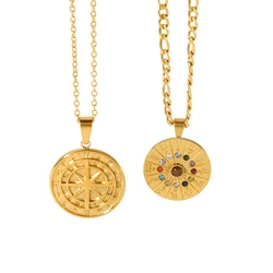 Stylish Stainless Steel 12 Zodiac symbols 12 Birthstone Round Pendant Necklace 18K Gold Color Metal Compass Necklace for Women