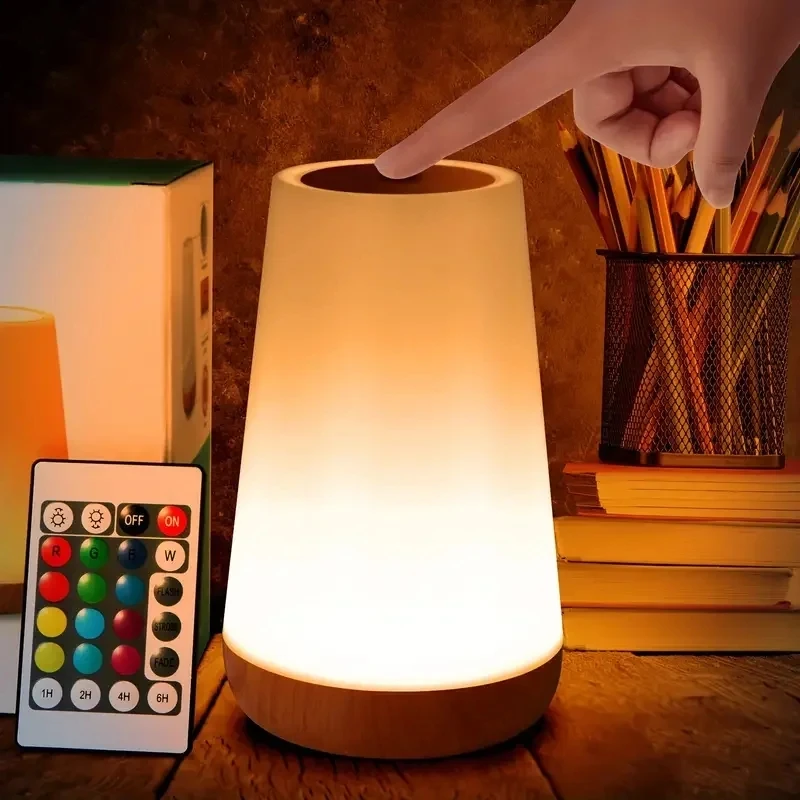 

Wood Grain Table Lamp, USB Rechargeable, Dimmable Bedside Night Lights, Timing, RGB Color Changing Mood Lighting for Room Decor