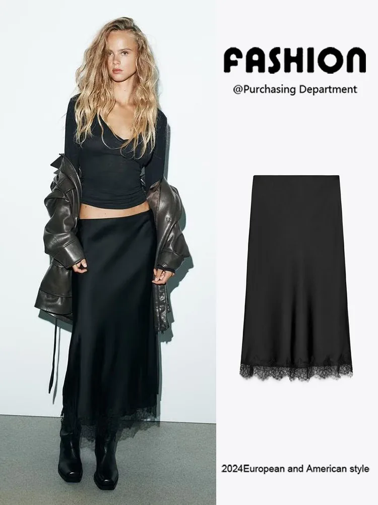 New Arrival Women's Lace Trim Silk Satin Texture Midi Skirt 2025 Autumn Collection Ele Ethnic Stage Costume