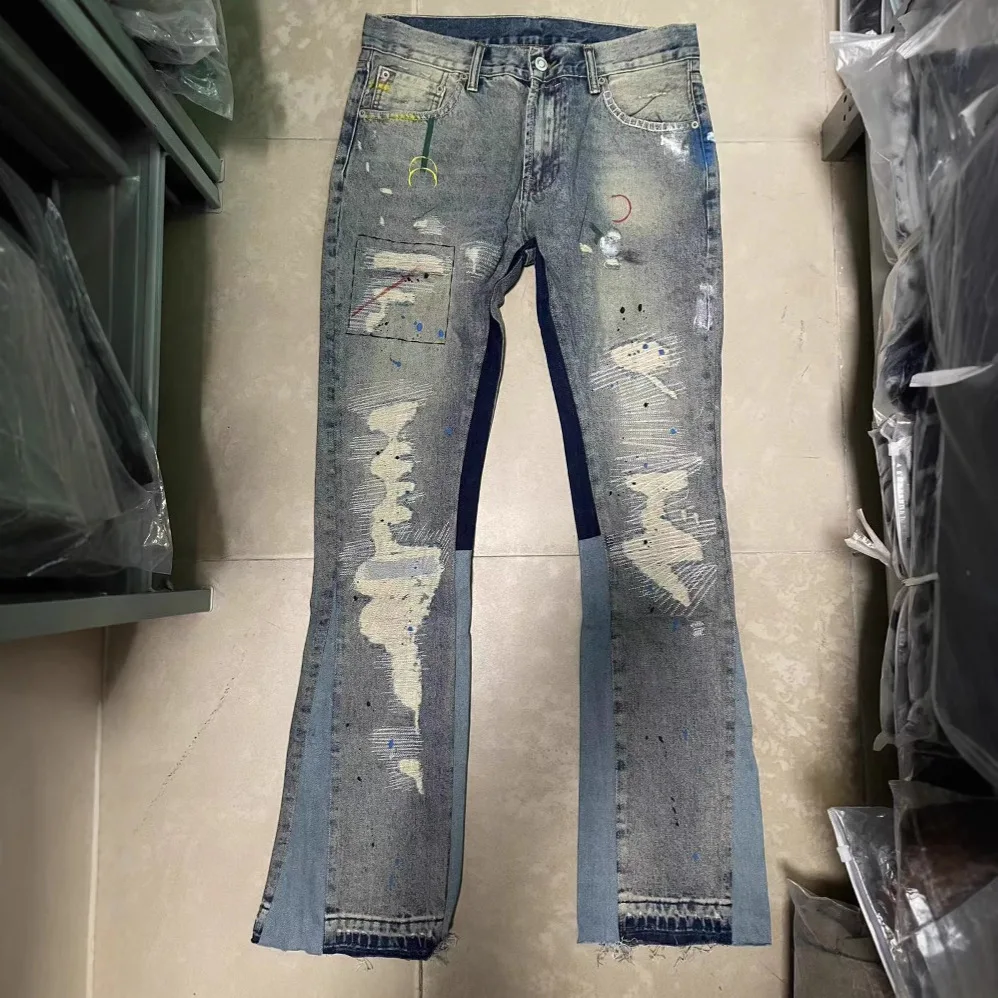Hip-Hop European and American Washed Distressed Destroyed Ripped Cat Whisker Embroidery Print Splash Paint Flared Denim Jeans