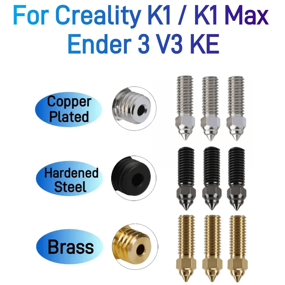 For Creality K1/K1 Max 0.4mm Nozzle Brass  Plated Copper Hardened Steel Nozzle For Ender-3 V3 KE 3D Printer Nozzles Hight Flow