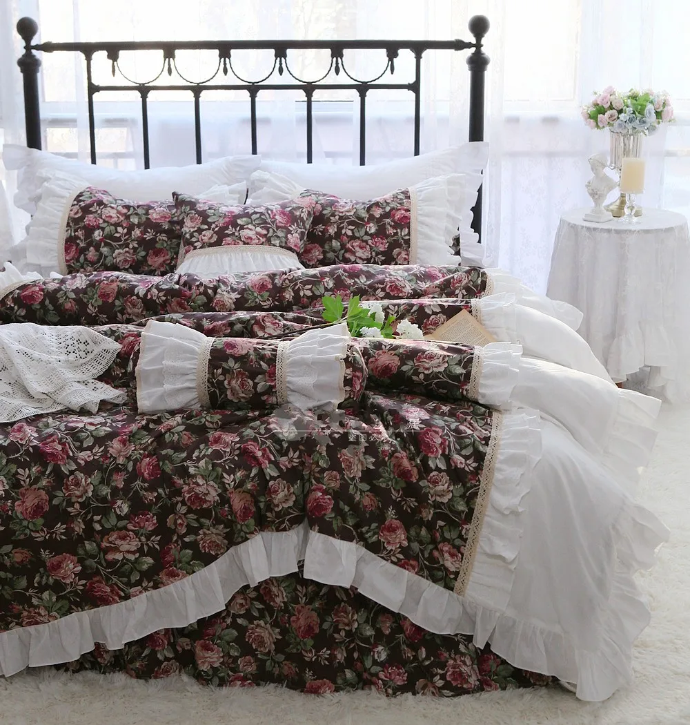 

France Egyptian Cotton Duvet Cover Set Luxury Lace Ruffles Flowers Printing Bedding Bed Skirt Bedspread Pillowcases Home Textile