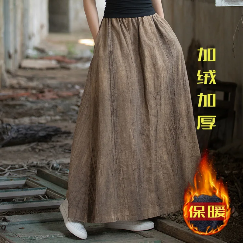 New Arrival Winter Women Casual Loose A-line Cotton Linen Warm Thickened Ankle-length Skirt All-matched Elastic Waist Skirts Y78