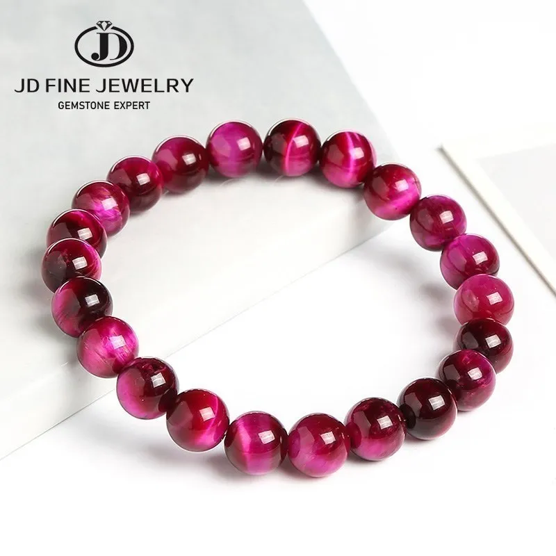 

JD Natural Fuchsia Tiger Eye Stone Minerals Round Loose Beads Jewelry Good Lucky Elastic Bracelet New Year Gift
