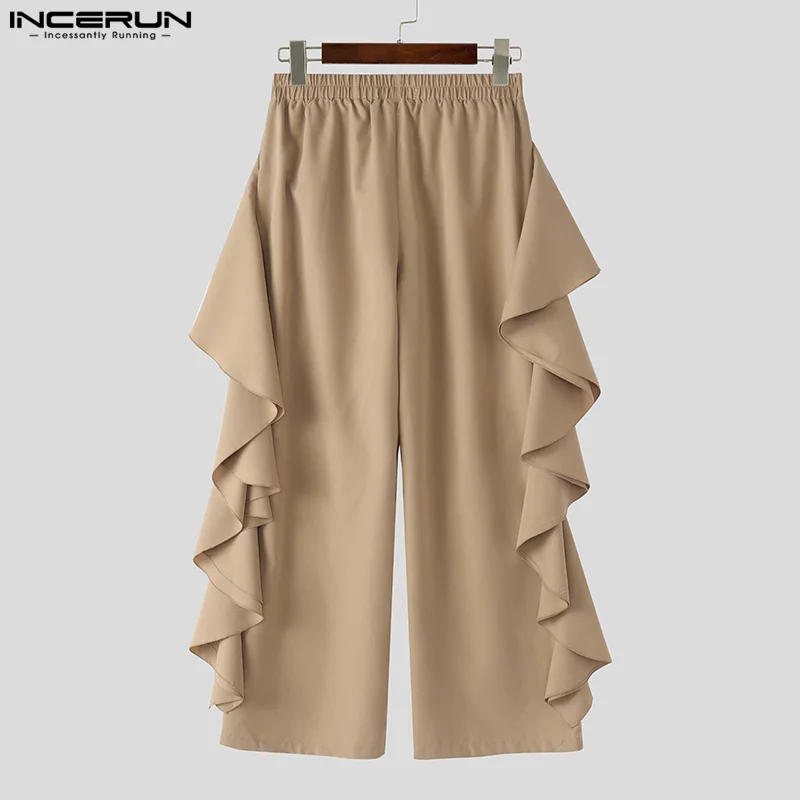 INCERUN 2025 American Style Stylish Pantalons Mens Multi-layer Ruffle Edge Design Pants Casual City Walk Solid Wide Leg Trousers