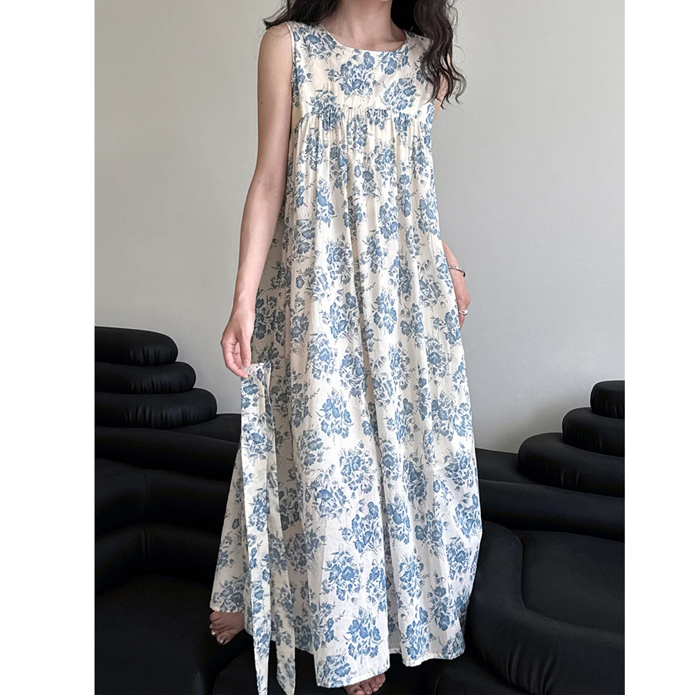 Abito lungo estivo da donna in cotone 100% con stampa floreale senza maniche stile ampio elegante abito Boho maxi abiti abiti da donna