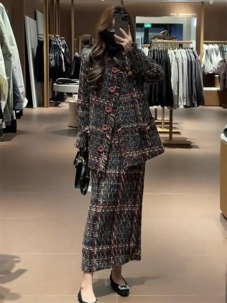 Inverno nova moda feminina high-end temperamento grosso tecer pequena fragrância estilo casaco + meia saia elegante conjunto de duas peças
