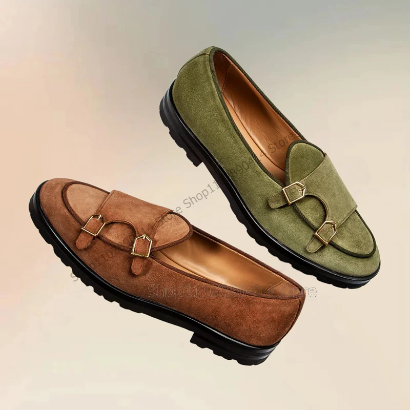 Bruine Groene Gesp Decor Dubbele Monnik Loafers Mode Slip Op Mannen Schoenen Luxe Handgemaakte Feestzaal Kantoor Mannen Vrijetijdsschoenen