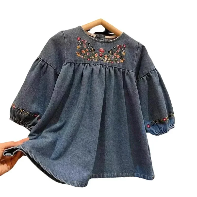 2024 Spring Autumn Skirt Fashion New Korean Girls Cowboy Embroidered Long Sleeve Dress Girls Casual Cowboy Skirt