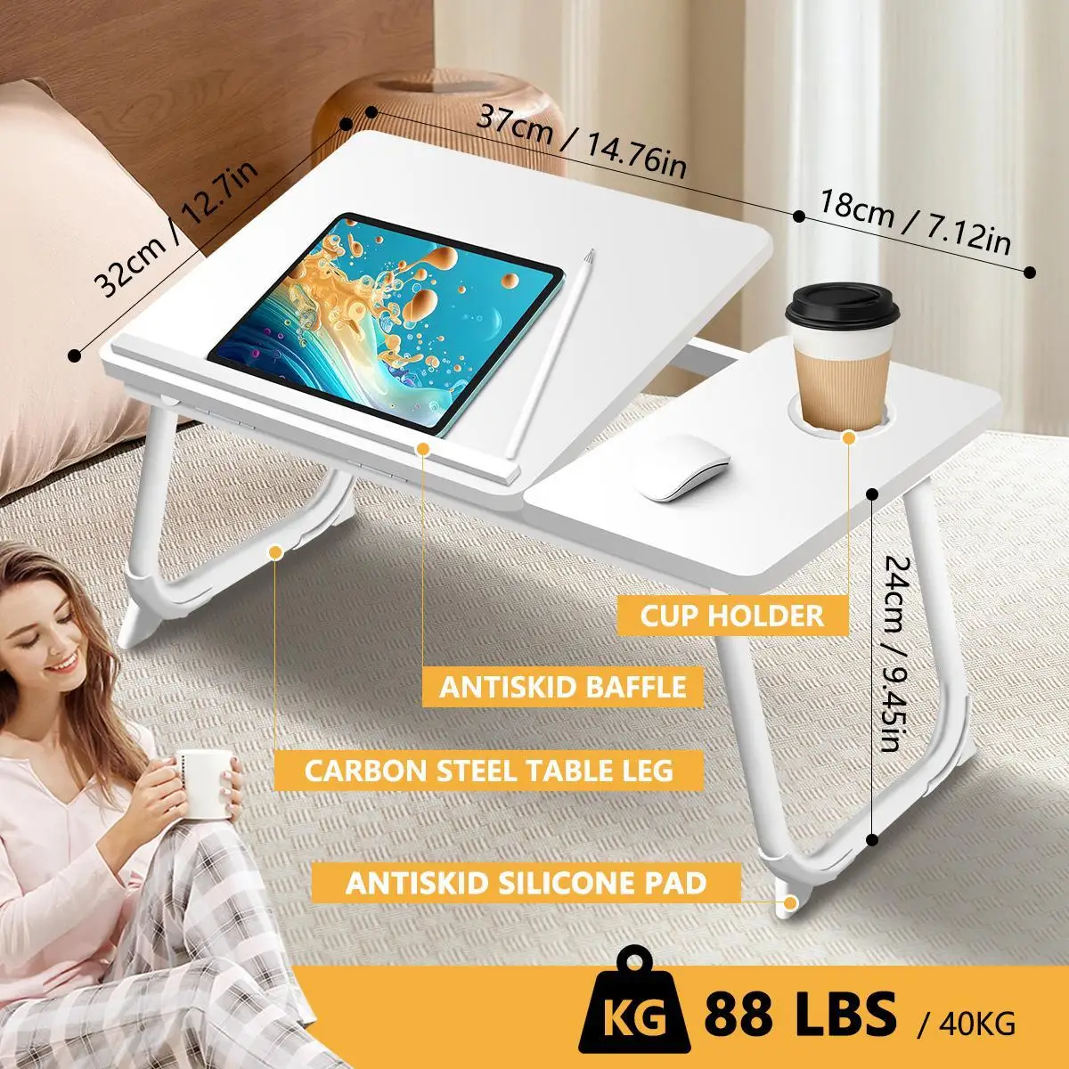 Adjustable Foldable Laptop Desk Portable Bed Table with Cup Holder Multifunctional Computer Stand Lap Tray Space Saving Sturdy Furniture for Home Office Bedroom Sofa College Dorm Study