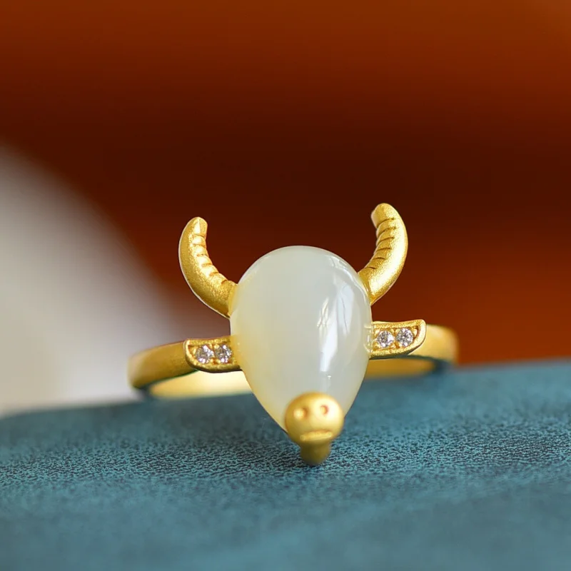 

Hetian White Drop Shape S925 Silver Inlaid Natural Jade Zodiac Ox Women'S Ring