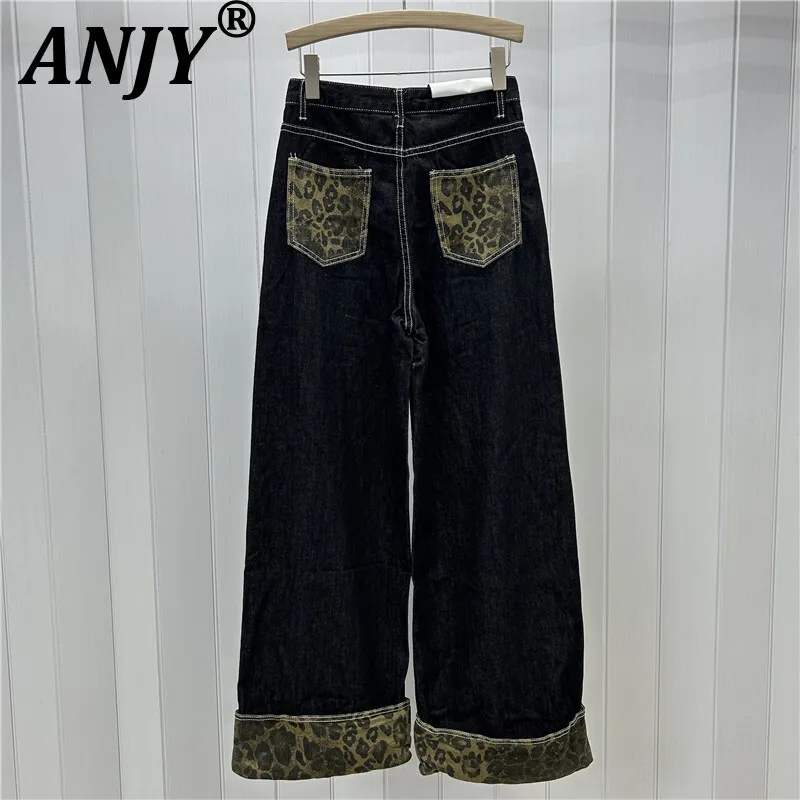 

ANJY, осенне-зимние женские джинсы в стиле американского High Street с леопардовым принтом в стиле пэчворк, прямые повседневные джинсы с закрученным краем и цветными блоками, драпированные прямые повседневные A14517