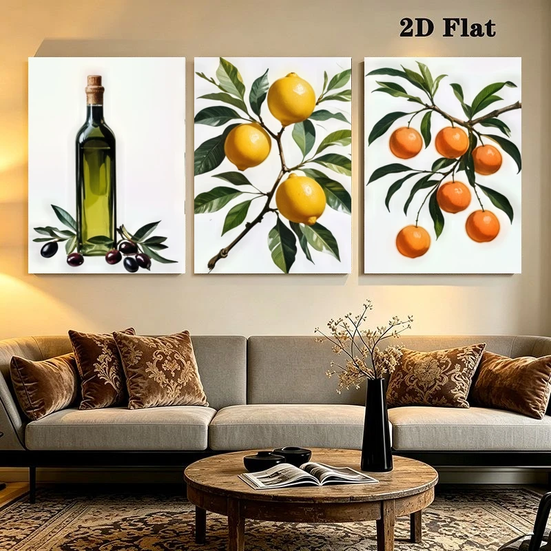 2D Flat, 3pcs Modern Minimalist Olive Oil Bottle Wall Art with Lemon & Orange Branches - less Decor Suitable for Living Room,