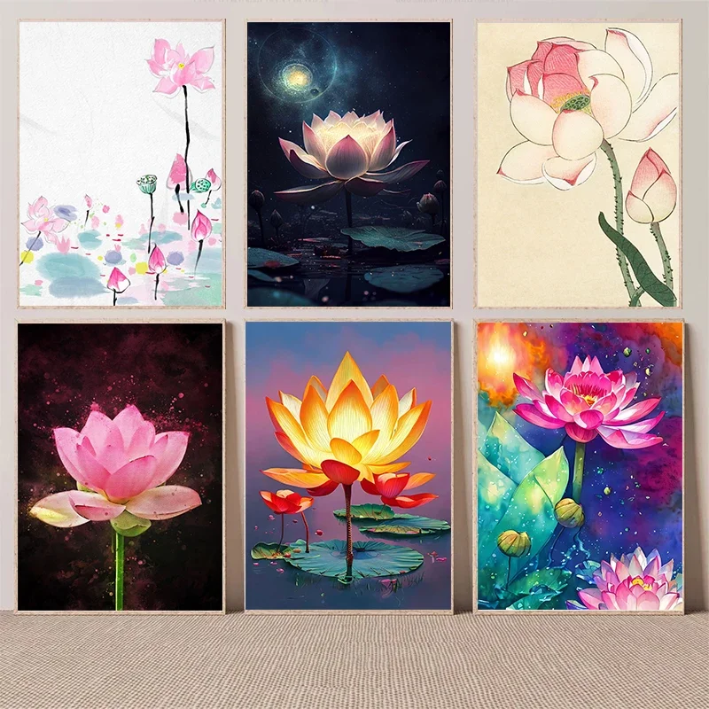 Multiple Styles of Lotus Poster Beautiful Flower Wall Art Silk Painting Living Room Dining Room Home Decoration