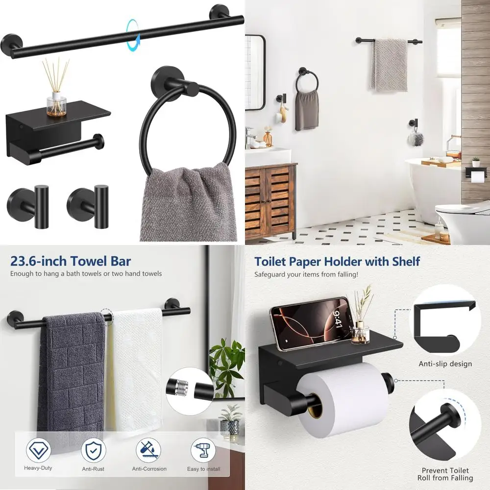 

5-Piece Matte Black Bathroom Accessory Set with Stainless Steel Toilet Paper Holder and Shelf