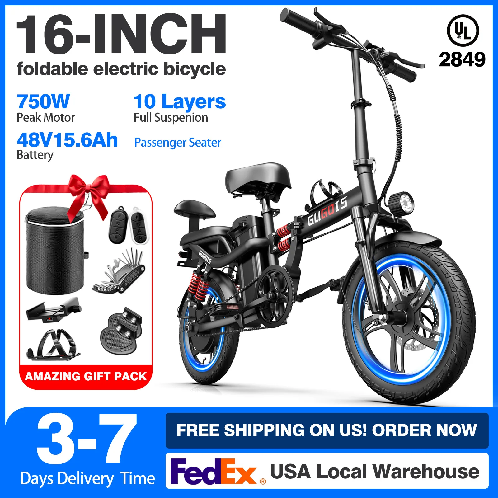 

G16 Foldable Electric Bike with Seater 750W 28MPH 48V15AH SGS/UL Certified 16 Inch Full Suspension Mini E-Bike for Adults Teens
