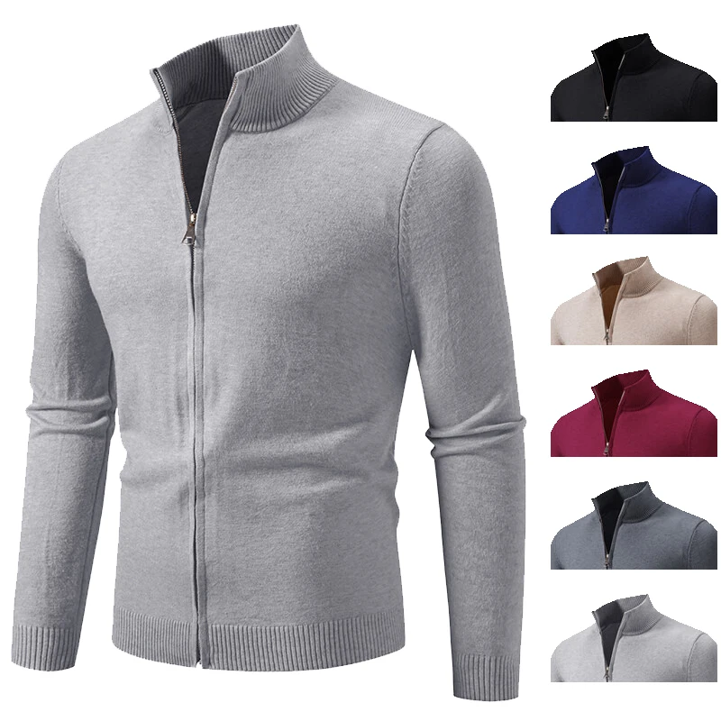 Winter Zipper Mens Knitted Coat Slim Warm Casual Jacket Stand Collar Solid Color Fashion Men Luxury Cardigan