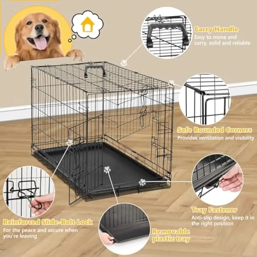 Extra Large Dog Crate 48 Inch Double Door Pet Cage Kennel | Metal Wire, Secure Lock, Plastic Leak-Proof Pan Tray, Indoor Outdoor