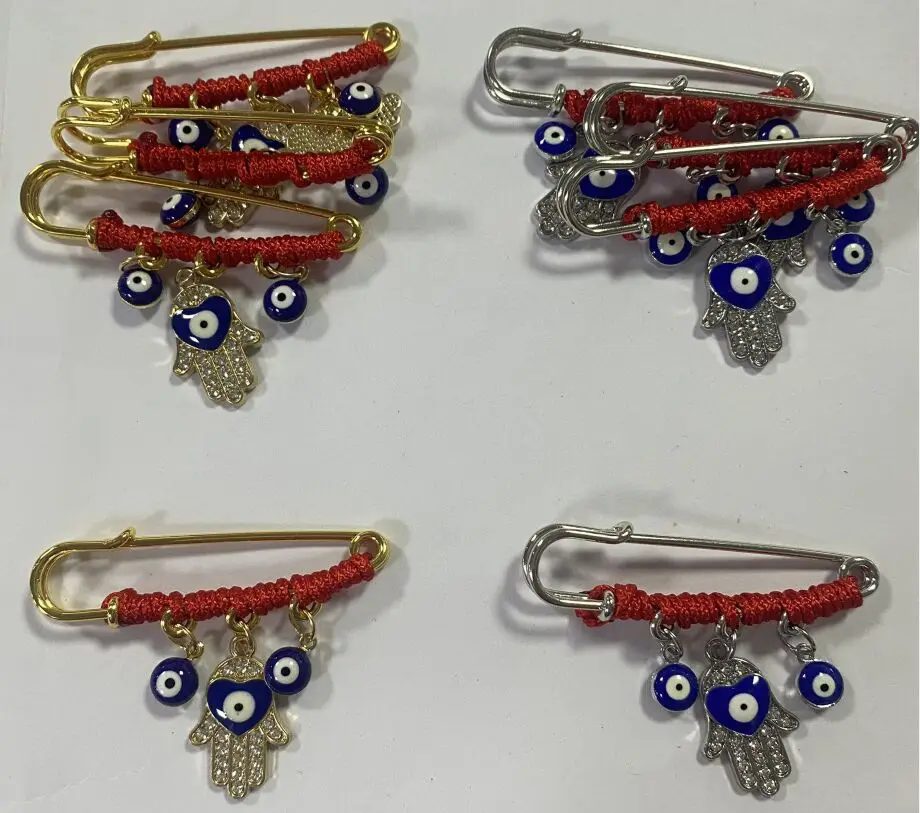 8 Pack Hamsa Protection Charm Pins Steel Blue Brooch Pin 2.3 Inch Hamsa Charm Pin Red String for Good Luck Infant Stroller