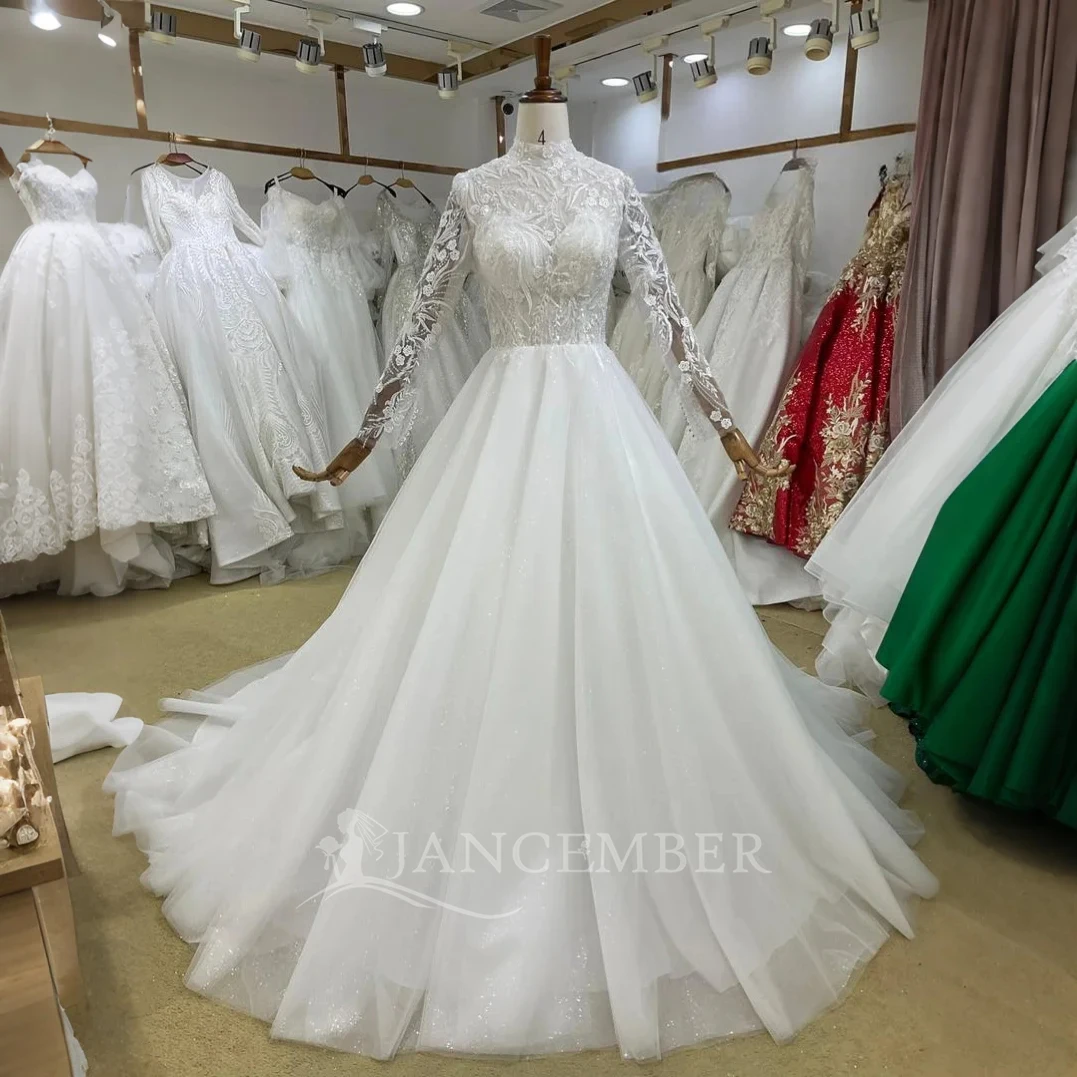 

High Neck Lace Promotion Wedding Dress Sweep Train Long Sleeve A-line Elegant Bride Gowns vestidos de novia Customized
