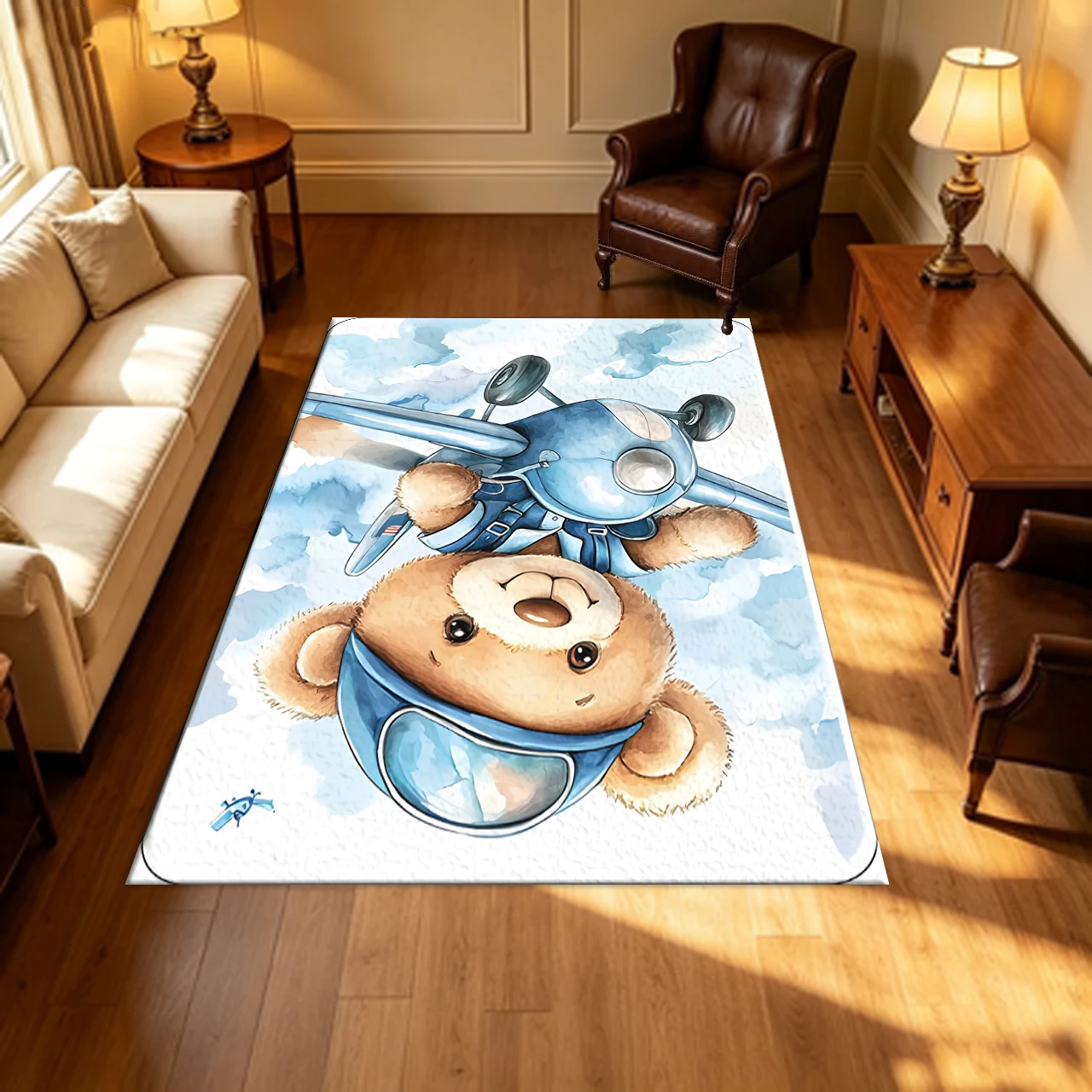 Watercolor Pilot Bear Children's Rug
